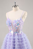 Sparkly Purple Floral Tiered Ruffled Short Corset Cocktail Dress