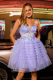 Sparkly Purple A Line Corset Tulle Tiered Homecoming Dress with Sequins