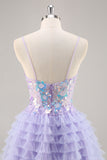 Sparkly Purple Floral Tiered Ruffled Short Corset Cocktail Dress