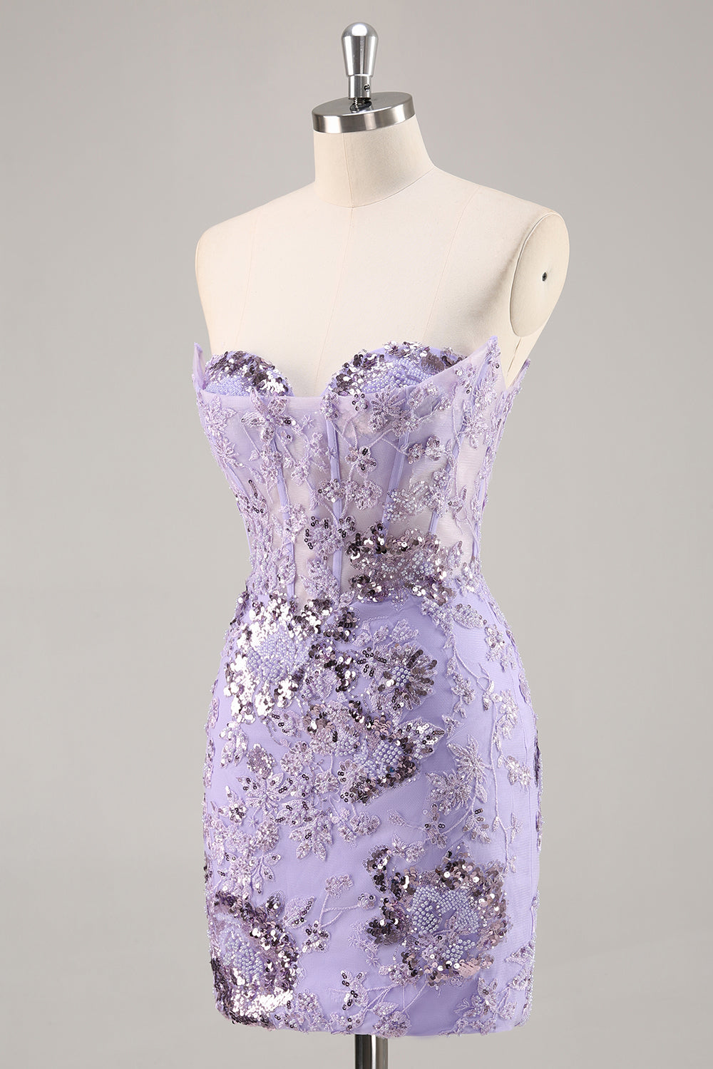 Sparkly Purple Corset Floral Beaded Short Cocktail Dress with Sequins