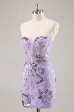 Sparkly Purple Corset Floral Beaded Short Cocktail Dress with Sequins