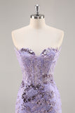 Sparkly Purple Corset Floral Beaded Short Cocktail Dress with Sequins