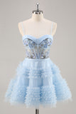 Sparkly Blue Corset Ruffled Short Cocktail Dress with Sequins