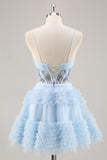 Sparkly Blue Corset Ruffled Short Cocktail Dress with Sequins