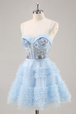 Sparkly Blue Corset Ruffled Short Cocktail Dress with Sequins