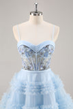 Sparkly Blue Corset Ruffled Short Cocktail Dress with Sequins