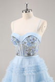 Sparkly Blue Corset Ruffled Short Cocktail Dress with Sequins