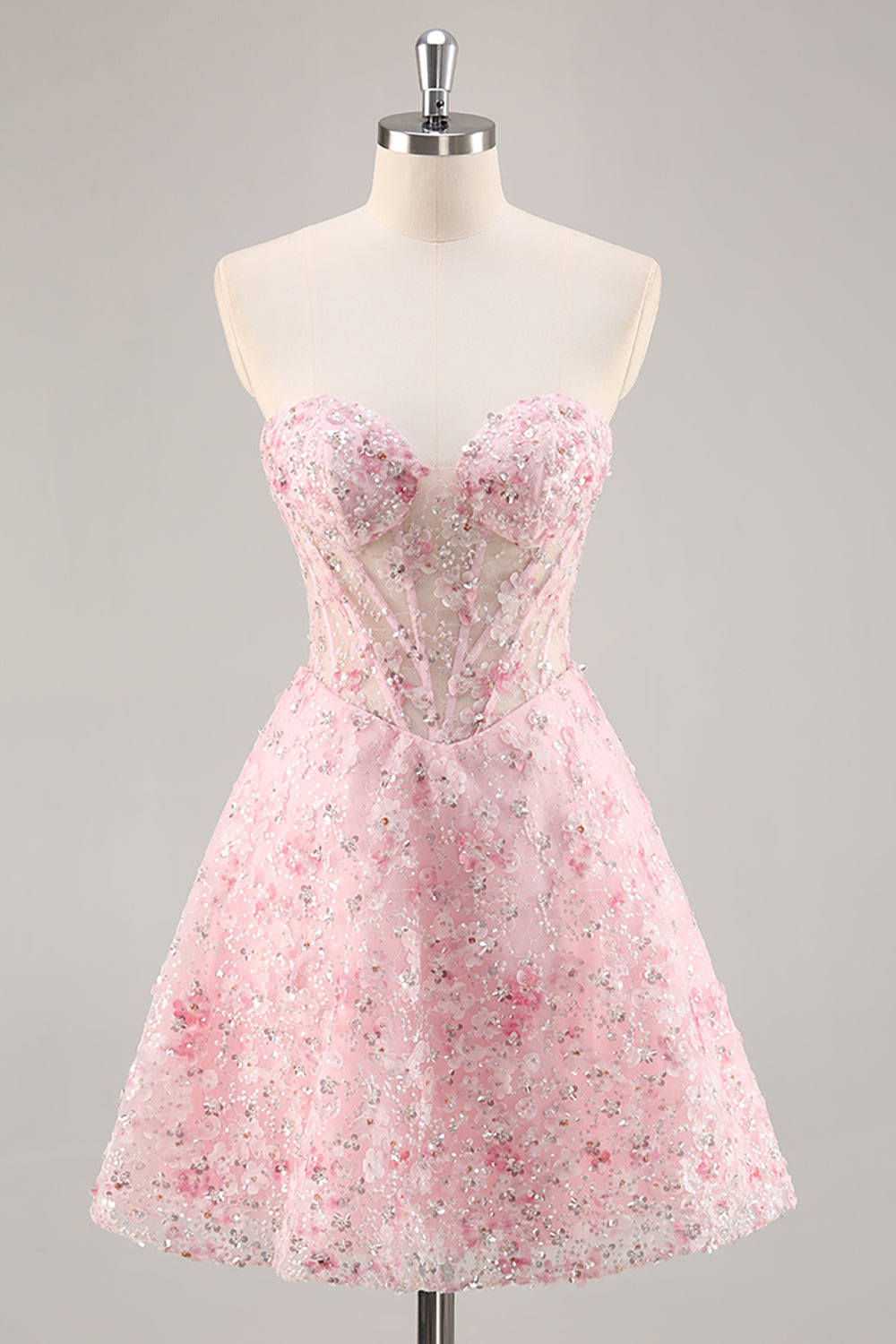 Corset Strapless A Line Pink Floral Homecoming Dress with Appliques