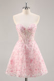 Corset Strapless A Line Pink Floral Homecoming Dress with Appliques
