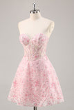 Sparkly Pink Corset Floral Short Cocktail Dress with Sequins