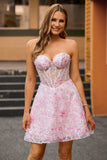 Corset Strapless A Line Pink Floral Homecoming Dress with Appliques