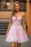 Corset Strapless A Line Pink Floral Homecoming Dress with Appliques