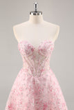 Sparkly Pink Corset Floral Short Cocktail Dress with Sequins