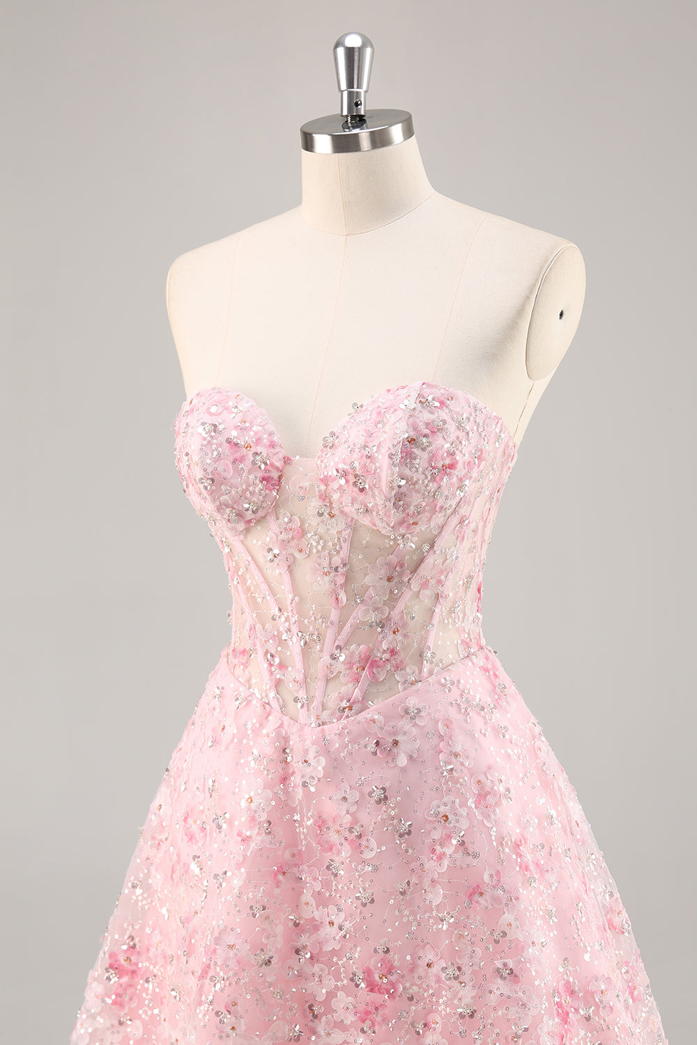Sparkly Pink Corset Floral Short Cocktail Dress with Sequins