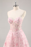 Sparkly Pink Corset Floral Short Cocktail Dress with Sequins
