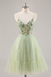 Sparkly Green Floral Tulle Corset A Line Midi Cocktail Dress