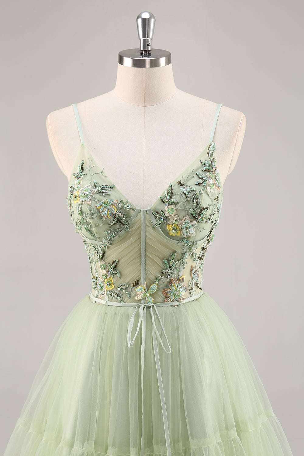Sparkly Green Floral Tulle Corset A Line Midi Cocktail Dress