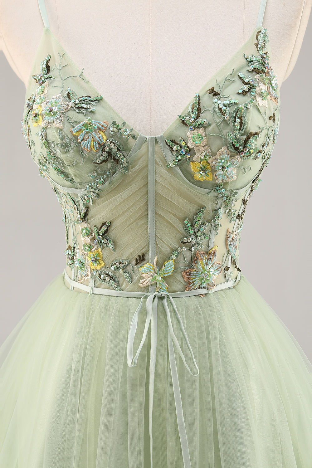 Sparkly Green Floral Tulle Corset A Line Midi Cocktail Dress
