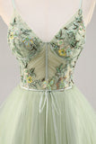 Sparkly Green Floral Tulle Corset A Line Midi Cocktail Dress