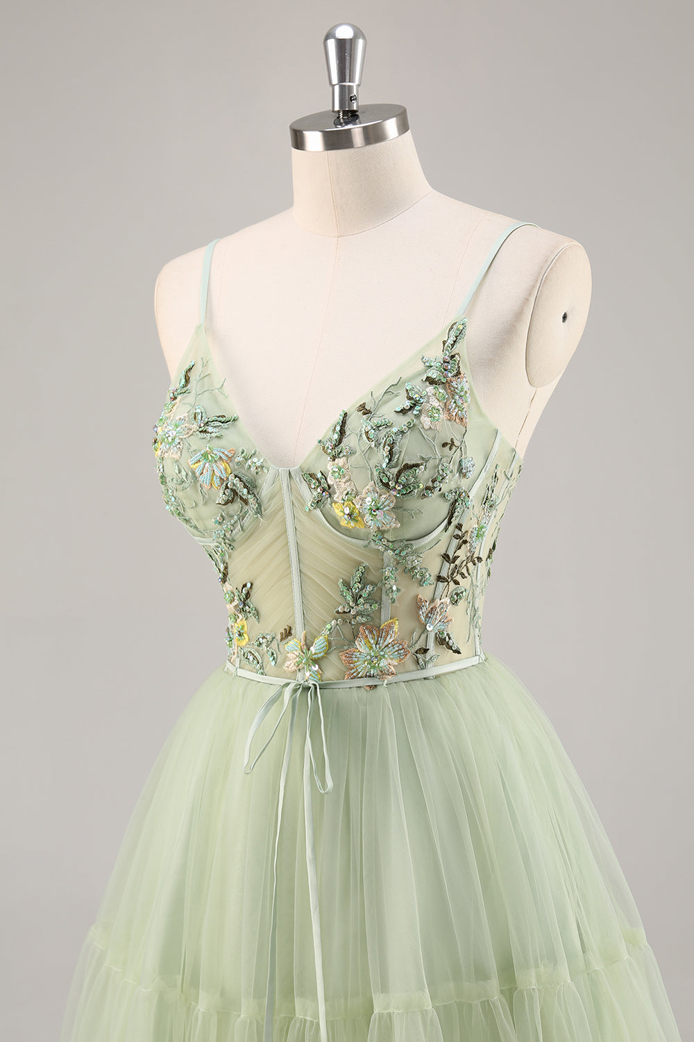 Sparkly Green Floral Tulle Corset A Line Midi Cocktail Dress