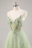Sparkly Green Floral Tulle Corset A Line Midi Cocktail Dress