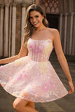 Sparkly Strapless Corset Sequins Pink Homecoming Dress with Appliques
