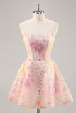 Sparkly Pink Floral Corset Mini Cocktail Dress with Sequins