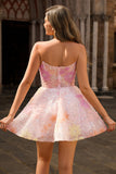Sparkly Strapless Corset Sequins Pink Homecoming Dress with Appliques