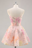 Sparkly Strapless Corset Sequins Pink Homecoming Dress with Appliques