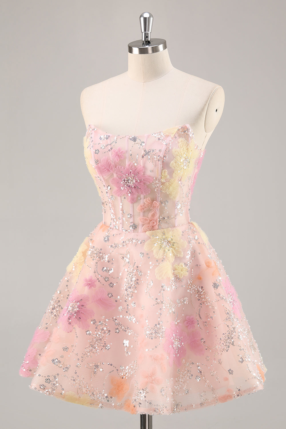 Sparkly Pink Floral Corset Mini Cocktail Dress with Sequins