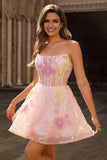 Sparkly Strapless Corset Sequins Pink Homecoming Dress with Appliques