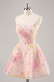 Sparkly Pink Floral Corset Mini Cocktail Dress with Sequins