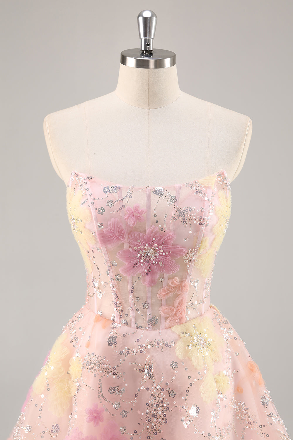 Sparkly Pink Floral Corset Mini Cocktail Dress with Sequins