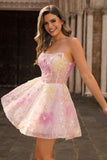 Sparkly Strapless Corset Sequins Pink Homecoming Dress with Appliques