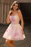 Sparkly Strapless Corset Sequins Pink Homecoming Dress with Appliques