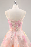 Sparkly Pink Floral Corset Mini Cocktail Dress with Sequins