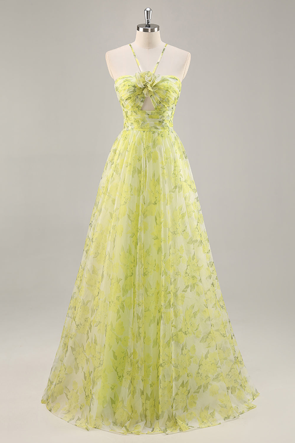 Yellow Green A Line Floral Ruched Long Formal Dress with Keyhole