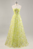 Yellow Green A Line Floral Ruched Long Formal Dress with Keyhole