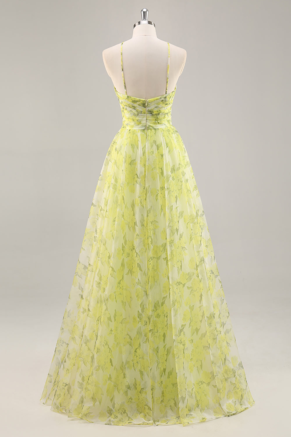 Yellow Green A Line Floral Ruched Long Formal Dress with Keyhole