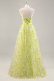 Yellow Green A Line Floral Ruched Long Formal Dress with Keyhole