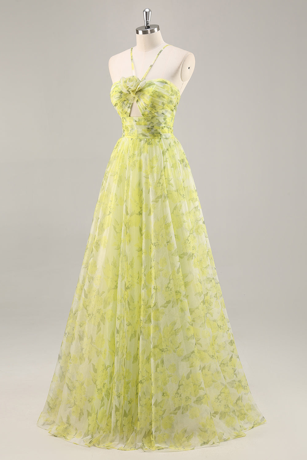 Yellow Green A Line Floral Ruched Long Formal Dress with Keyhole