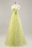 Yellow Green A Line Floral Ruched Long Formal Dress with Keyhole