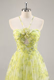 Yellow Green A Line Floral Ruched Long Formal Dress with Keyhole