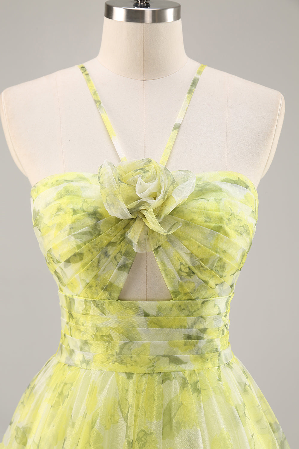Yellow Green A Line Floral Ruched Long Formal Dress with Keyhole