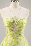 Yellow Green A Line Floral Ruched Long Formal Dress with Keyhole
