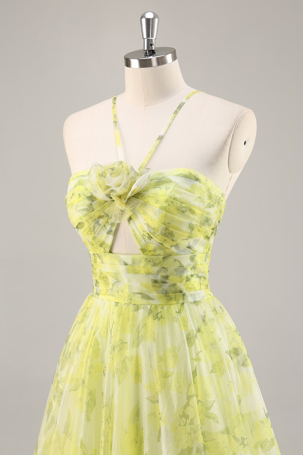 Yellow Green A Line Floral Ruched Long Formal Dress with Keyhole