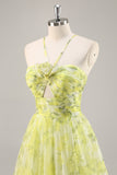 Yellow Green A Line Floral Ruched Long Formal Dress with Keyhole