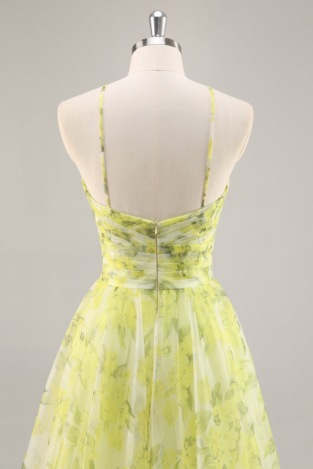 Yellow Green A Line Floral Ruched Long Formal Dress with Keyhole