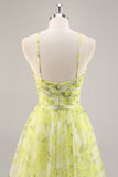 Yellow Green A Line Floral Ruched Long Formal Dress with Keyhole