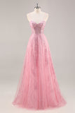 Sparkly Pink Corset Tulle Long Prom Dress with Sequins